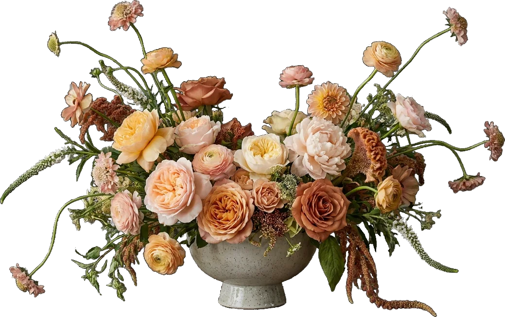 A low, wide centrepiece of butter and peach garden roses, rust celosia, blush scabiosa, ranunculus and trailing amaranthus in a speckled stone footed bowl.